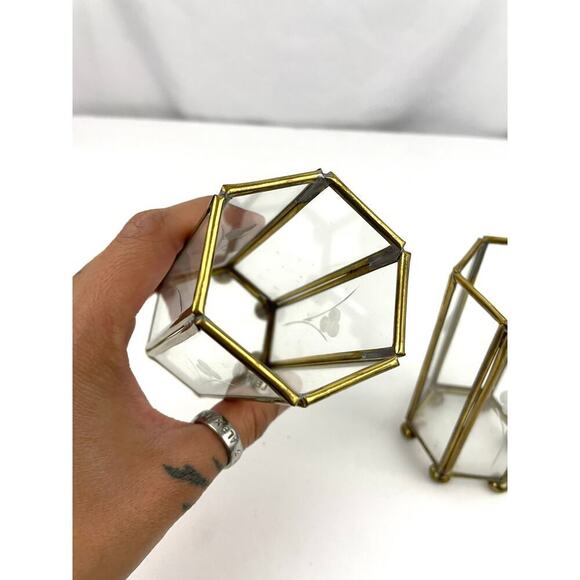 VTG Mini Brass Etched Glass Lantern Candle Holder Display Lot of 2 - Picture 15 of 16